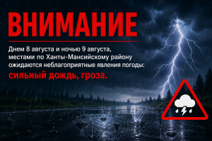 Днем 8 августа и ночью 9 августа,  местами по Ханты-Мансийскому району ожидаются неблагоприятные явления погоды: сильный дождь, гроза.