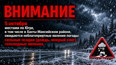 5 октября местами по Югре, в том числе в Ханты-Мансийском районе, ожидаются неблагоприятные явления погоды: сильные осадки (дождь, мокрый снег), гололедные явления.