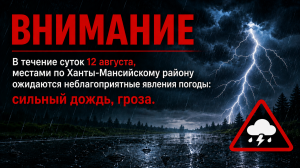 В течение суток  12 августа, местами по Ханты-Мансийскому району ожидаются неблагоприятные явления погоды: сильный дождь, гроза.