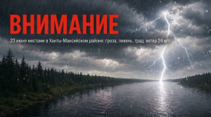 ⚠ До конца суток 23 июня  2026 года местами по Ханты-Мансийскому автономному округу – Югре ожидается сильный дождь, ливень, град, ветер  порывами 19-24 м/с, гроза.