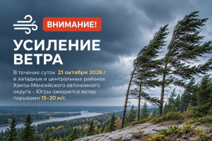 21 октября в Ханты-Мансийском районе ожидаются сильный ветер