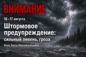 До конца дня 16 августа с сохранением ночью 17 августа местами по Югре ожидаются опасные явления погоды: очень сильный дождь, сильный ливень, гроза